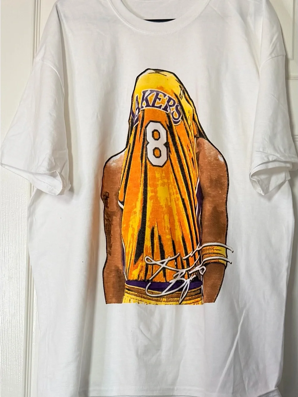 White Lakers Graphic T-Shirt with Yellow Jersey Design Kobe Bryant